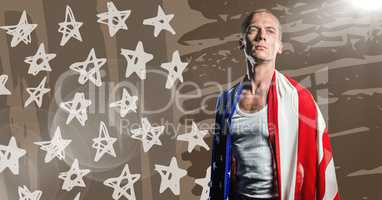 Man wrapped in american flag looking down against brown hand drawn american flag and flare