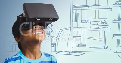 Boy in virtual reality headset against 3D blue hand drawn office