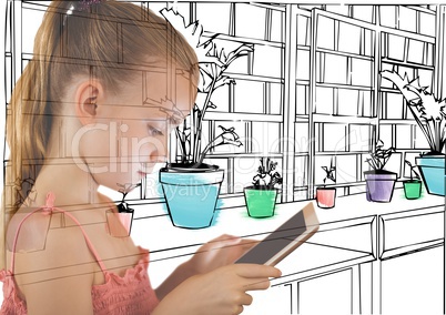 girl with tablet overlap with 3D new office lines  with details in color