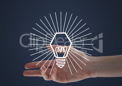 Hand with white 3D lightbulb graphic against navy background