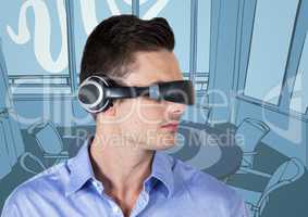 Business man in virtual reality headset against blue hand drawn office