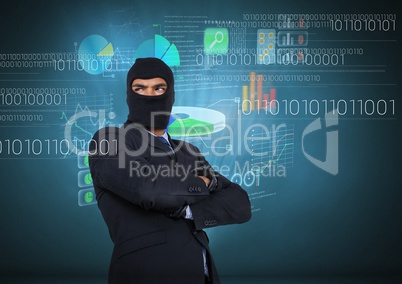 Hacker with arms crossed in front of blue background with digital graphics