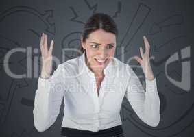 Frustrated business woman against 3d grey background and arrow graphics