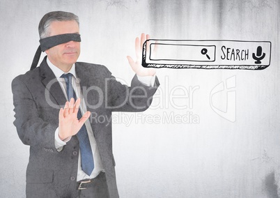 Blindfolded business man and 3d search bar against white wall with grunge overlay