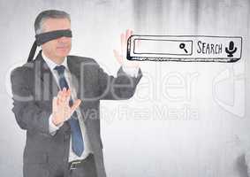 Blindfolded business man and 3d search bar against white wall with grunge overlay