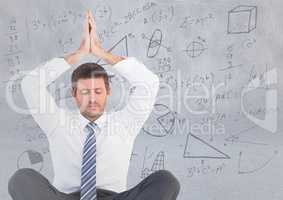 3d Business man meditating against light grey wall with math doodles