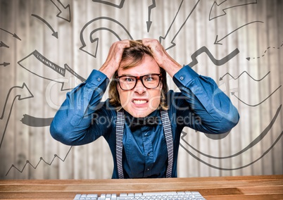 3d Frustrated business man at desk against blurry wood panel and arrow graphics