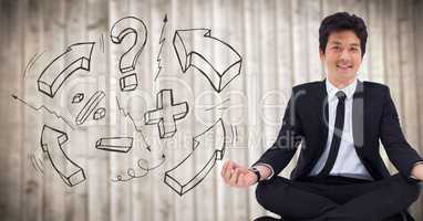 3d Business man meditating against blurry wood panel with math doodle