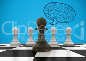 3D Chess pieces against blue background and blue speech bubble with cogs