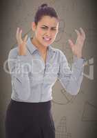 Frustrated business woman against brown background and math graphics