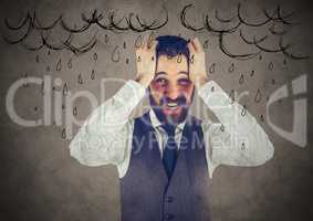 Frustrated business man against brown background and 3d rain graphics