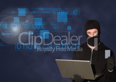 Hacker holding a smartphone and laptop in frond of 3d digital blue background