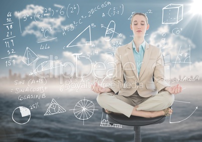 Business woman meditating against skyline and water with white math graphics and flare