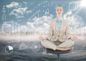 Business woman meditating against skyline and water with white math graphics and flare