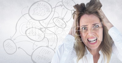Frustrated business woman against white wall and concept doodle