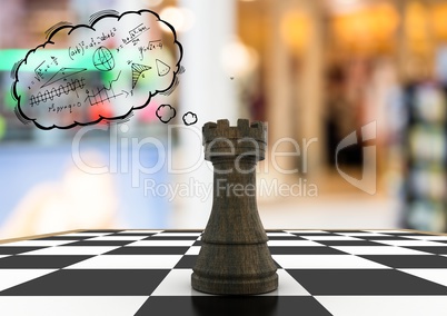 3D Chess piece against blurry background and thought cloud  with math doodles