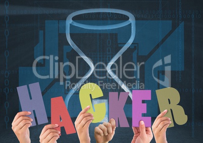 Hands holding 3D letters of HACKER in front of digital blue background