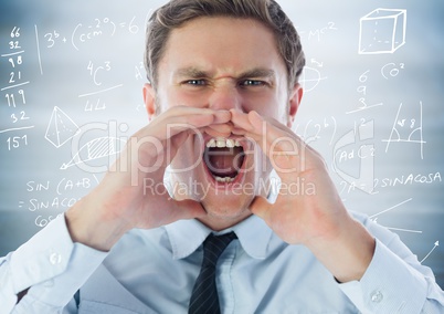 Frustrated business man against blurry blue wood panel and math graphics
