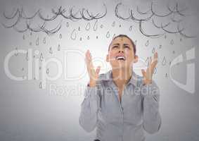 Frustrated business woman against white wall and rain graphics
