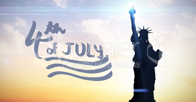 Blue fourth of July graphic against evening sky with statue of liberty