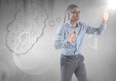 Blindfolded business man with thought cloud and flare against grey background