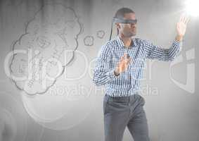 Blindfolded business man with thought cloud and flare against grey background