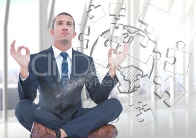 Business man against blurry window with flare and jigsaw doodle