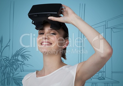 Woman in virtual reality headset against blue hand drawn windows