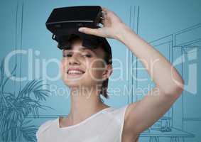 Woman in virtual reality headset against blue hand drawn windows