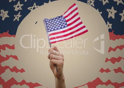 Hand holding 3D american flag against cream circle and hand drawn american flag