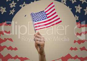 Hand holding 3D american flag against cream circle and hand drawn american flag