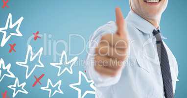 Business man mid section giving thumbs up against 3D blue background with red and white hand drawn s