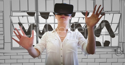 Woman in virtual reality headset hands out against 3D grey hand drawn windows
