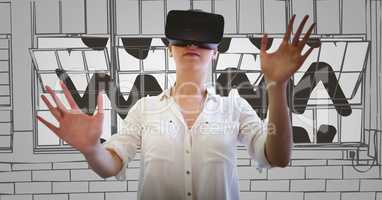 Woman in virtual reality headset hands out against 3D grey hand drawn windows