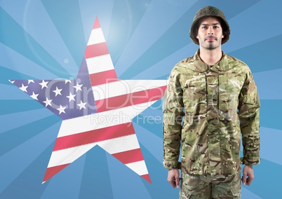 Poster of soldier in front of american flag star and blue background