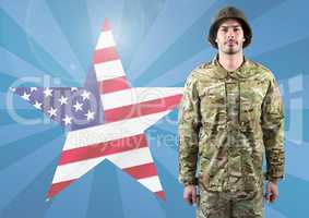 Poster of soldier in front of american flag star and blue background