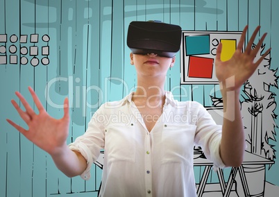 Woman in virtual reality headset hands out against light blue hand drawn office