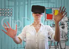 Woman in virtual reality headset hands out against light blue hand drawn office