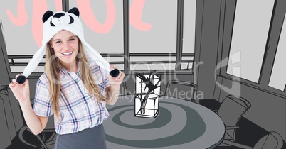 Millennial woman in panda hat against orange and grey hand drawn office