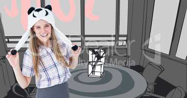 Millennial woman in panda hat against orange and grey hand drawn office