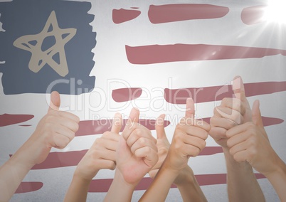 Hands giving thumbs up against hand drawn american flag and white wall with flare