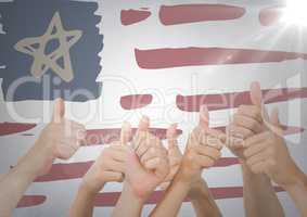 Hands giving thumbs up against hand drawn american flag and white wall with flare