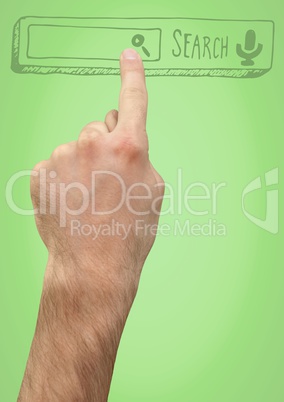 Hand pointing at 3D search bar against green background