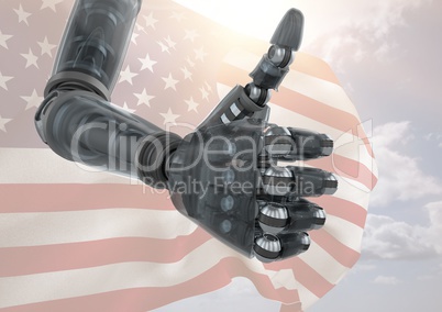 Robot with thumbs up against american flag