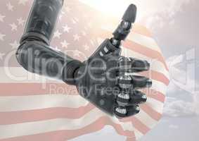 Robot with thumbs up against american flag
