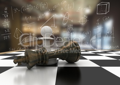 3D Chess pieces against blurry cafe with white math doodles