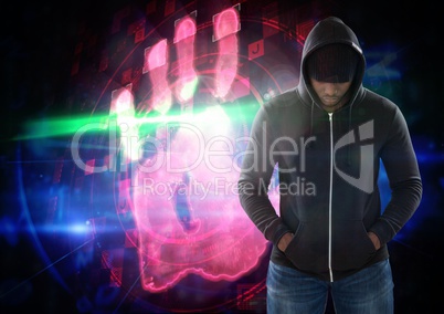 Hacker in front of digital background