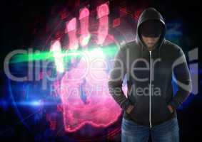Hacker in front of digital background