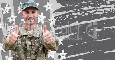 Soldier giving thumbs up against grey hand drawn american flag