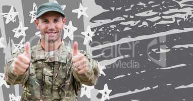 Soldier giving thumbs up against grey hand drawn american flag